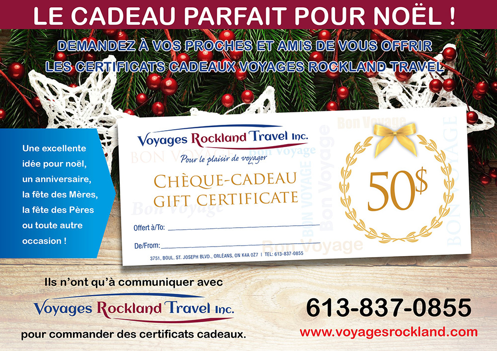 Certificat cadeau de Voyages Rockland, Orléans Ontario